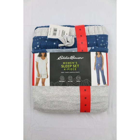 Eddie Bauer Women's 4 Piece Pajama Sleep Set Gray Blue M Breathable Stretch NWT - Picture 1 of 11
